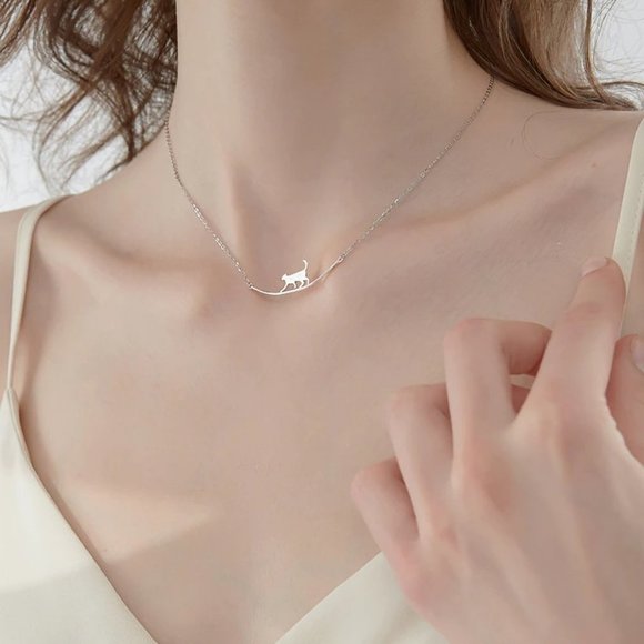 *NEW 925 Sterling Silver Cute Cat Bar Necklace - Picture 4 of 11